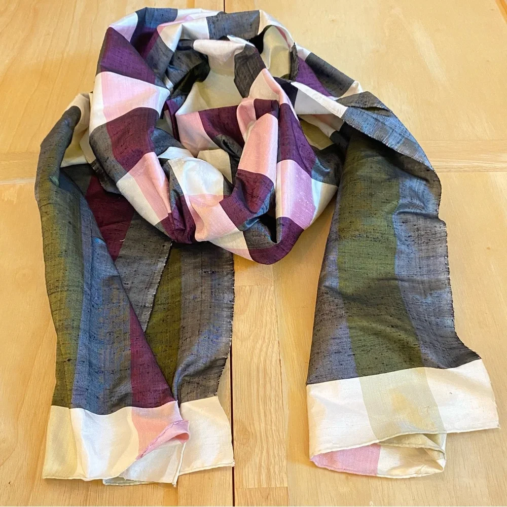 Vintage Handwoven Thai Silk Plaid Shawl Wrap Scarf Thaisilk Factory Siam Bangkok